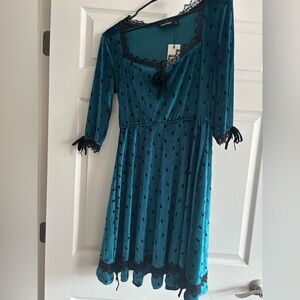 Unique Vintage Teal Dress with Black Lace Accents